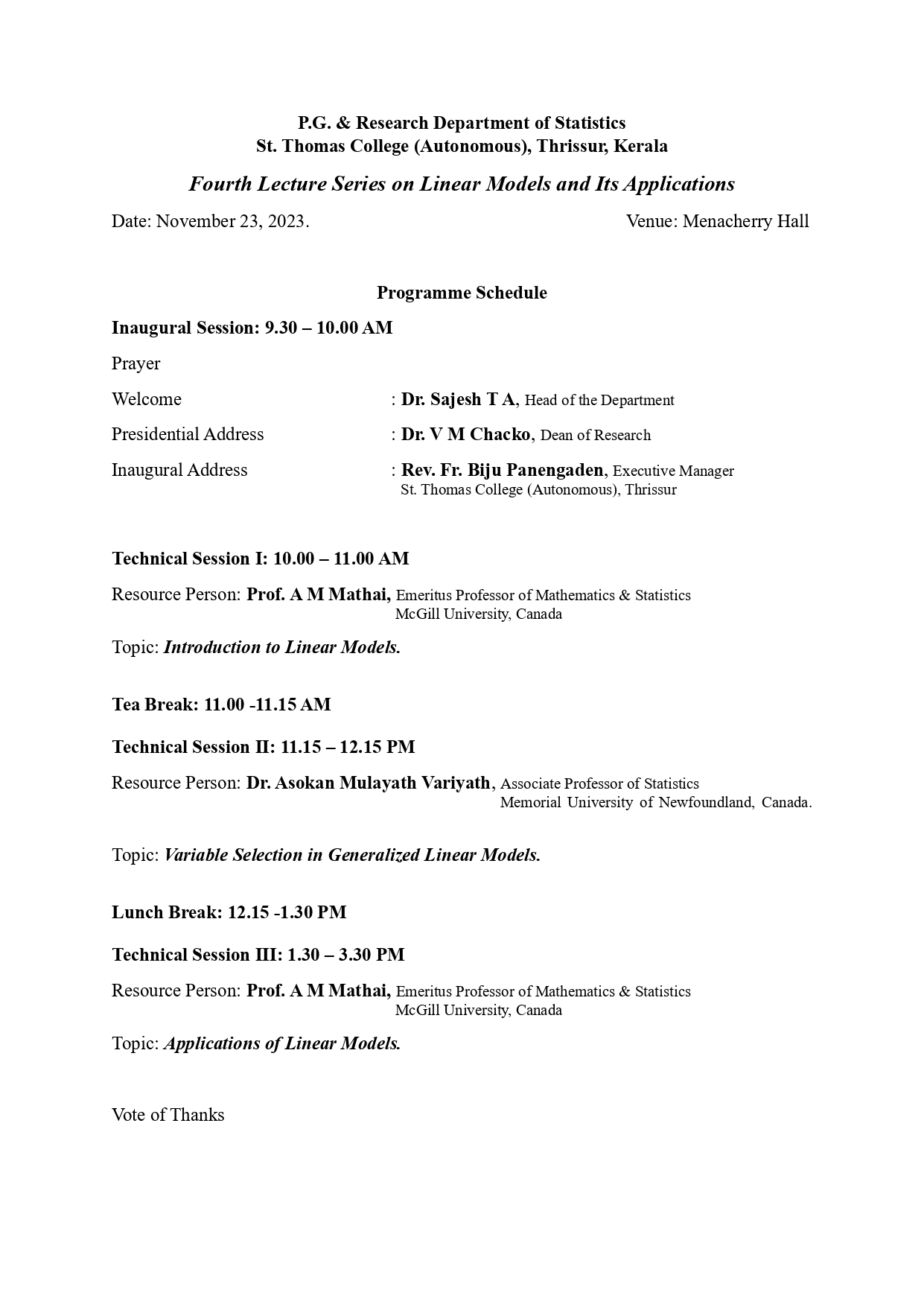 Lecture Series Program Flow Fourth Lecture Series on Linear Models and Its Applications - St Thomas ...